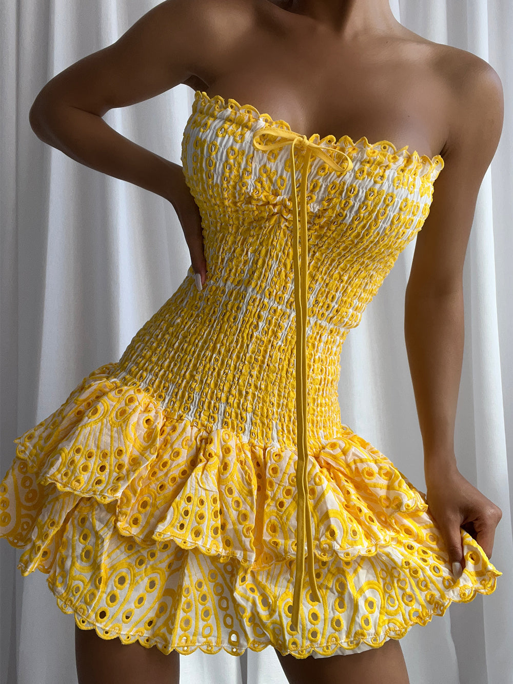 Yellow Strapless Eyelet Shirred Tiered Ruffle Bodycon Mini Dress