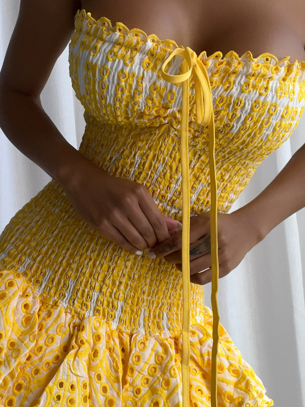 Yellow Strapless Eyelet Shirred Tiered Ruffle Bodycon Mini Dress