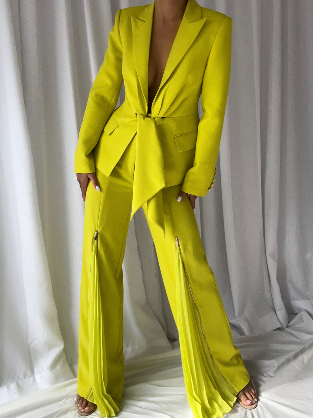 Green Tie Front Blazer and Pleated Flare Pants Set