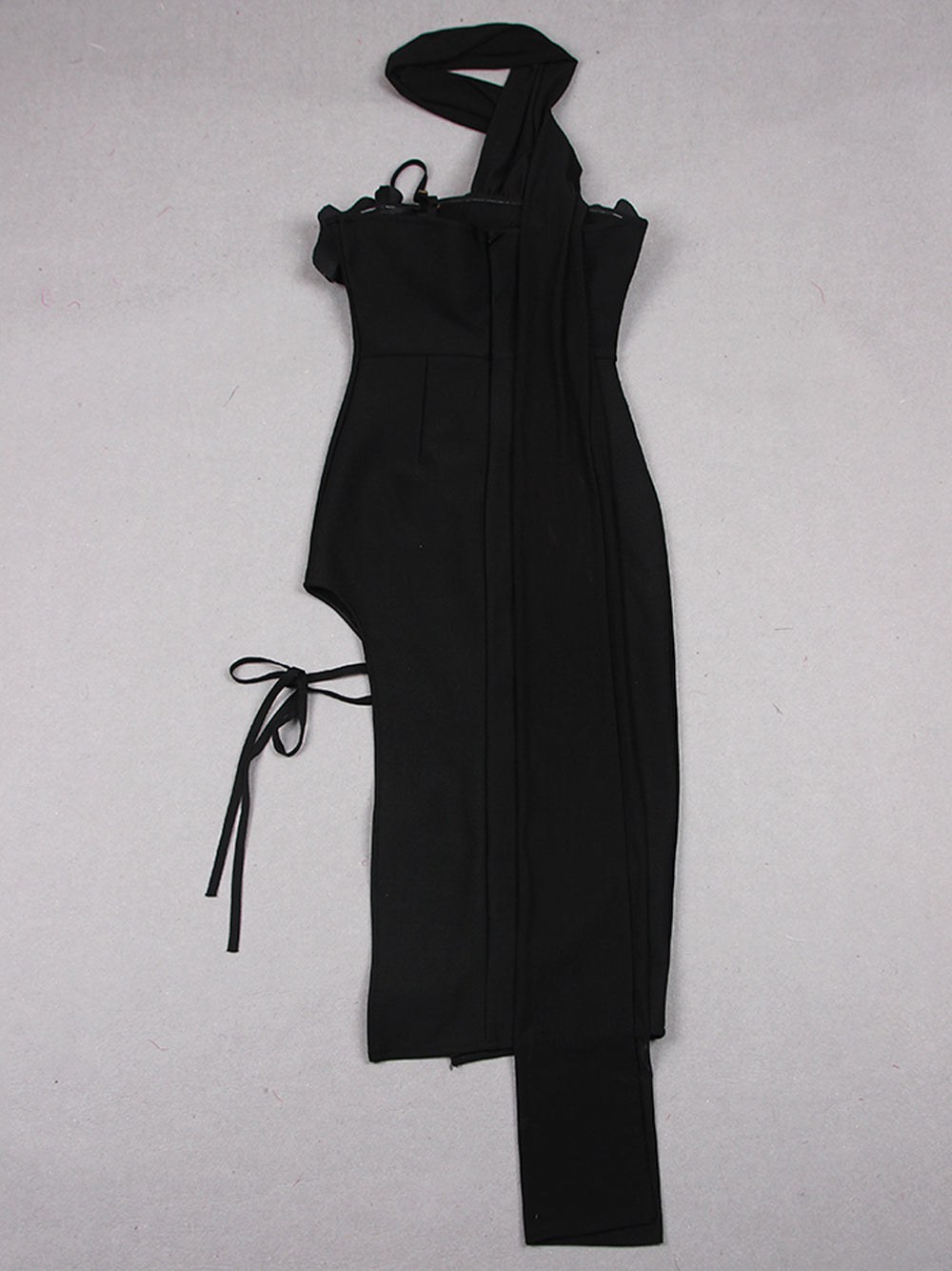 Black One Shoulder Floral Applique Beaded Ruched High Slit Bodycon Midi Dress 4
