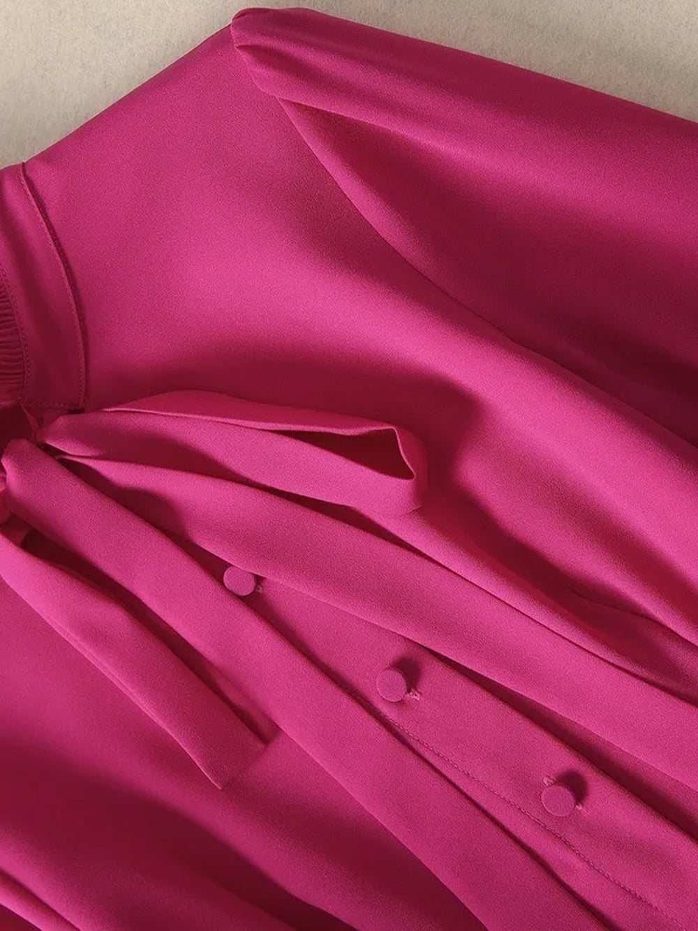 Fuchsia Tie Neck Bow Ruffle Sleeve Pleated A-Line Maxi Dress 7