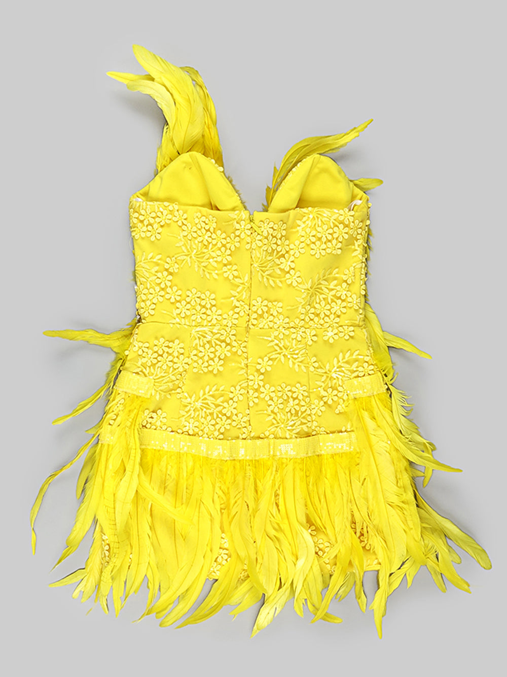 Yellow V-Neck Rhinestone Feather Embellished Bodycon Mini Dress