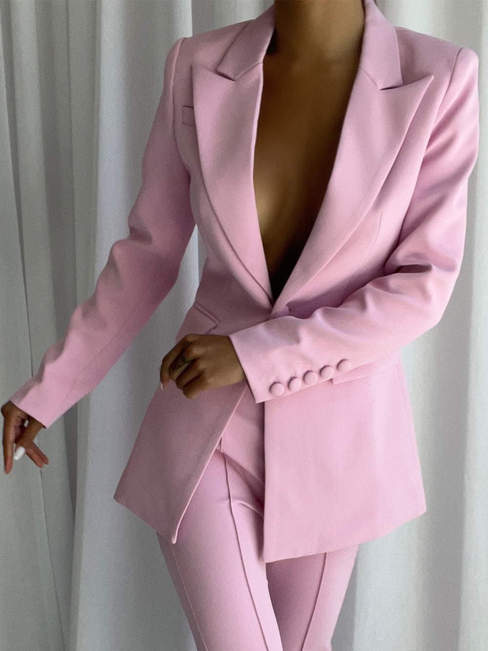 Sakura Pink Peak Lapel Single Button Blazer and Trousers Set 5