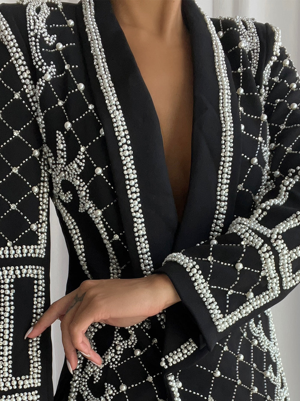 Black Shawl Lapel Pearl Beaded Rhinestone Long Sleeve Blazer Mini Dress