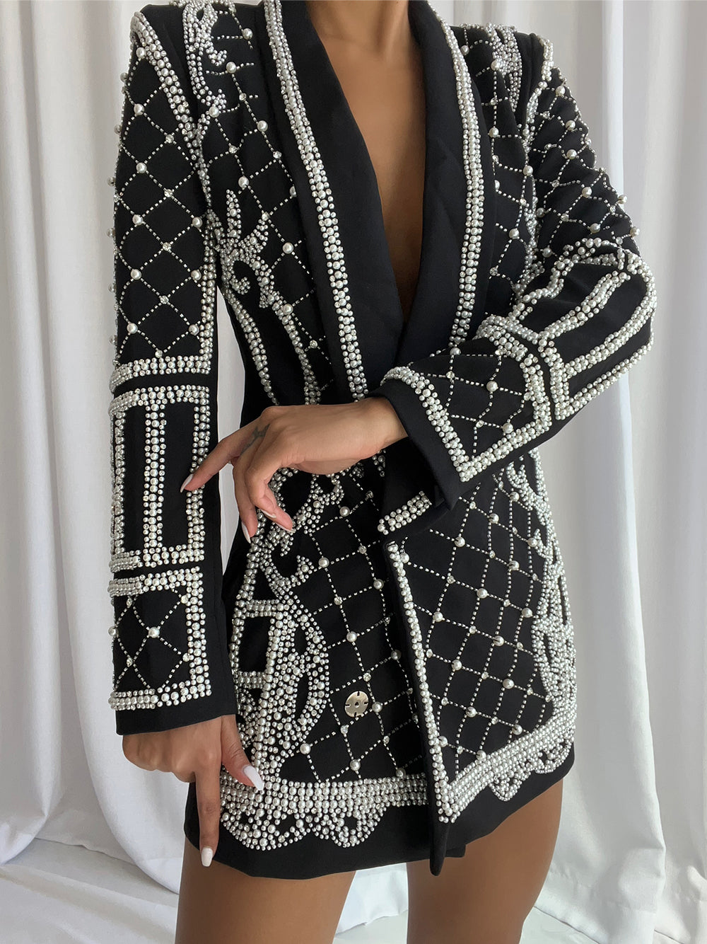 Black Shawl Lapel Pearl Beaded Rhinestone Long Sleeve Blazer Mini Dress