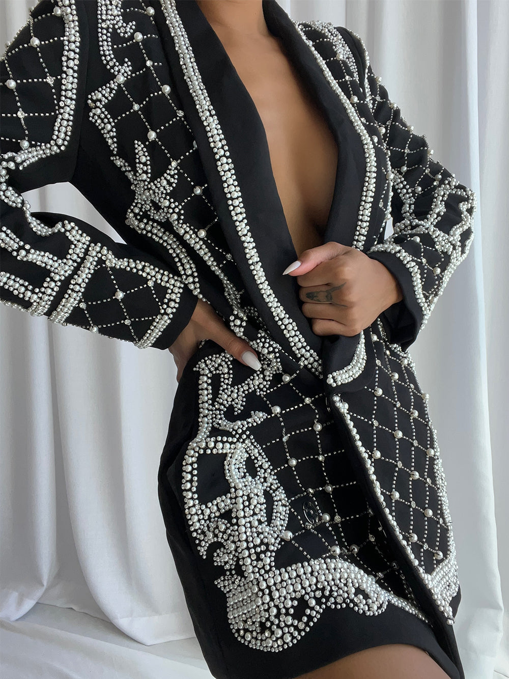 Black Shawl Lapel Pearl Beaded Rhinestone Long Sleeve Blazer Mini Dress