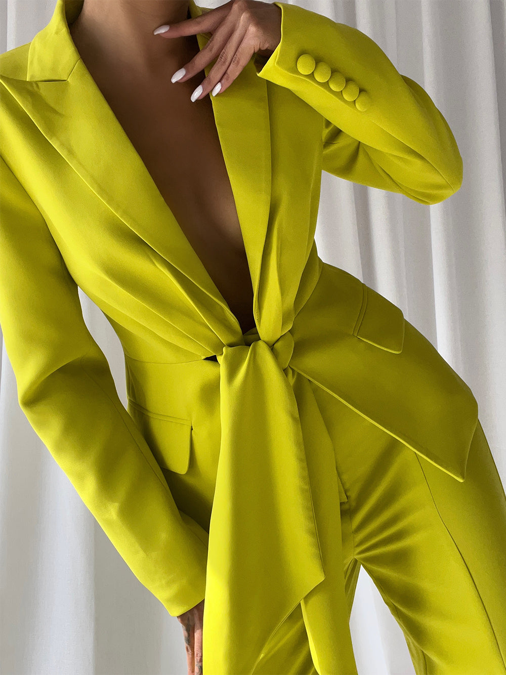 Green Tie Front Blazer and Pleated Flare Pants Set 6