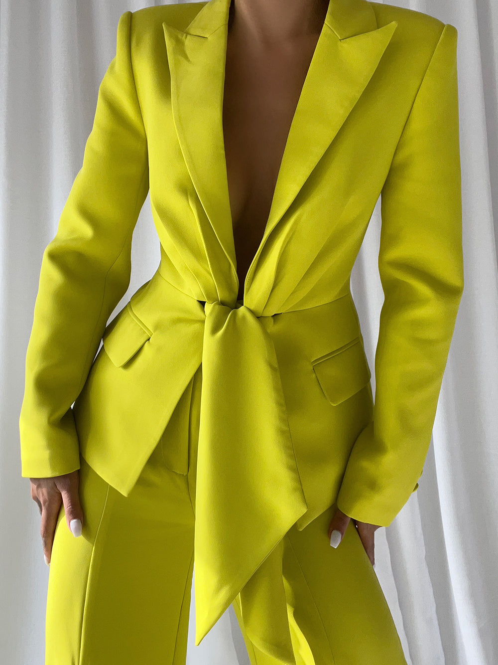 Green Tie Front Blazer and Pleated Flare Pants Set 2