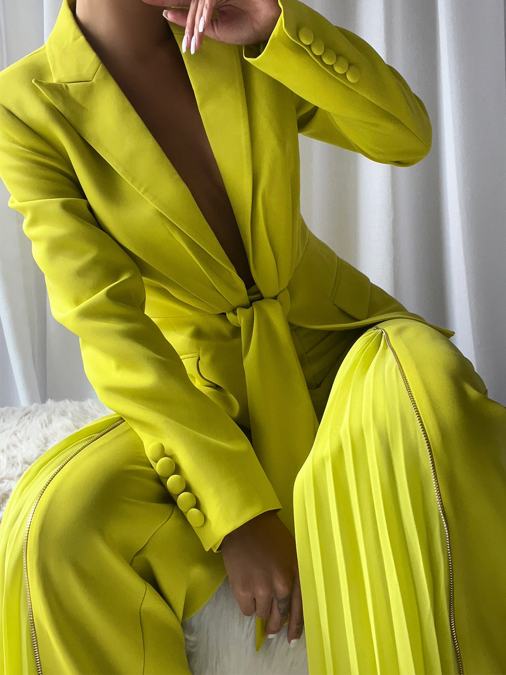 Green Tie Front Blazer and Pleated Flare Pants Set 7