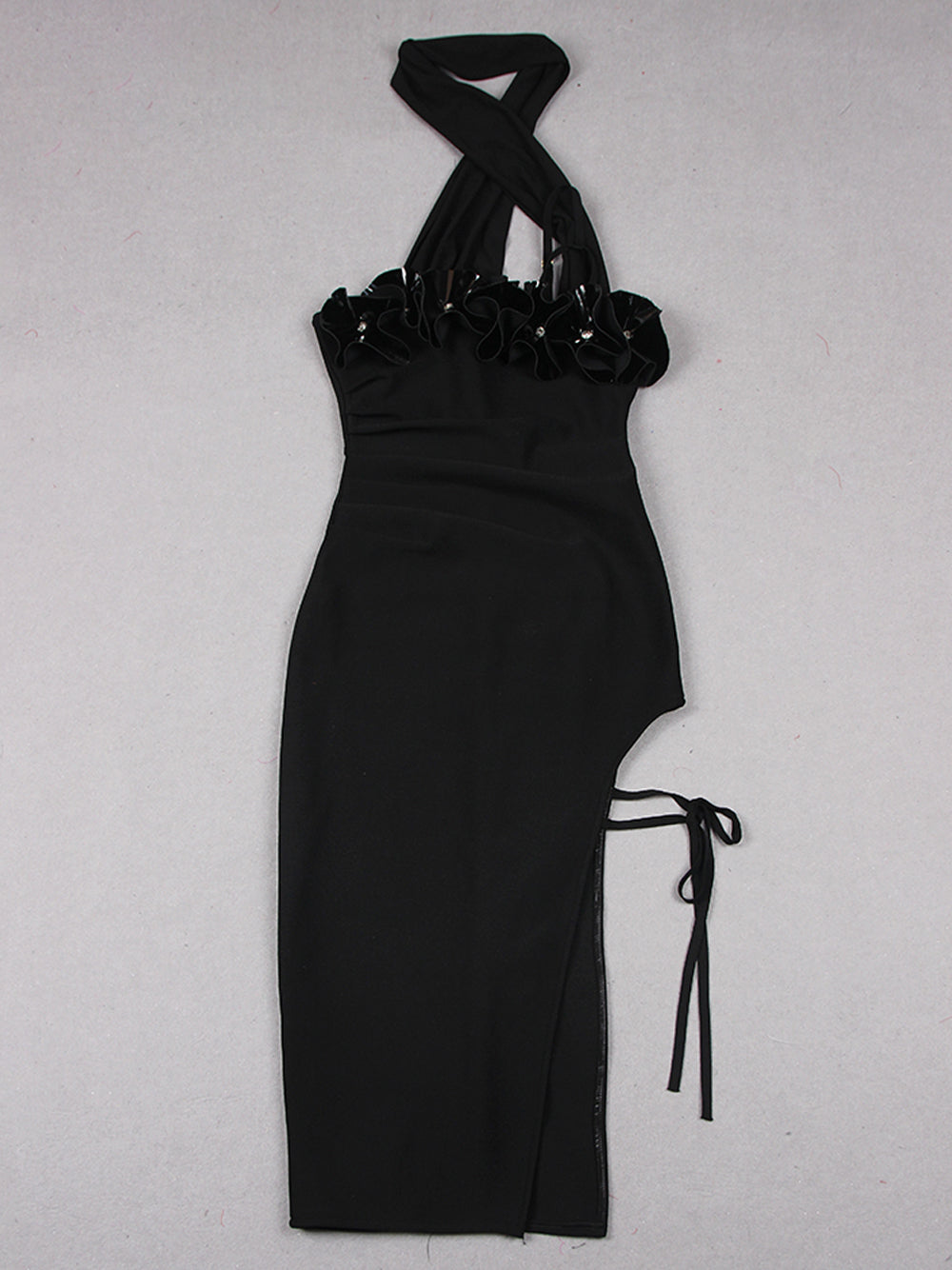 Black One Shoulder Floral Applique Beaded Ruched High Slit Bodycon Midi Dress 10