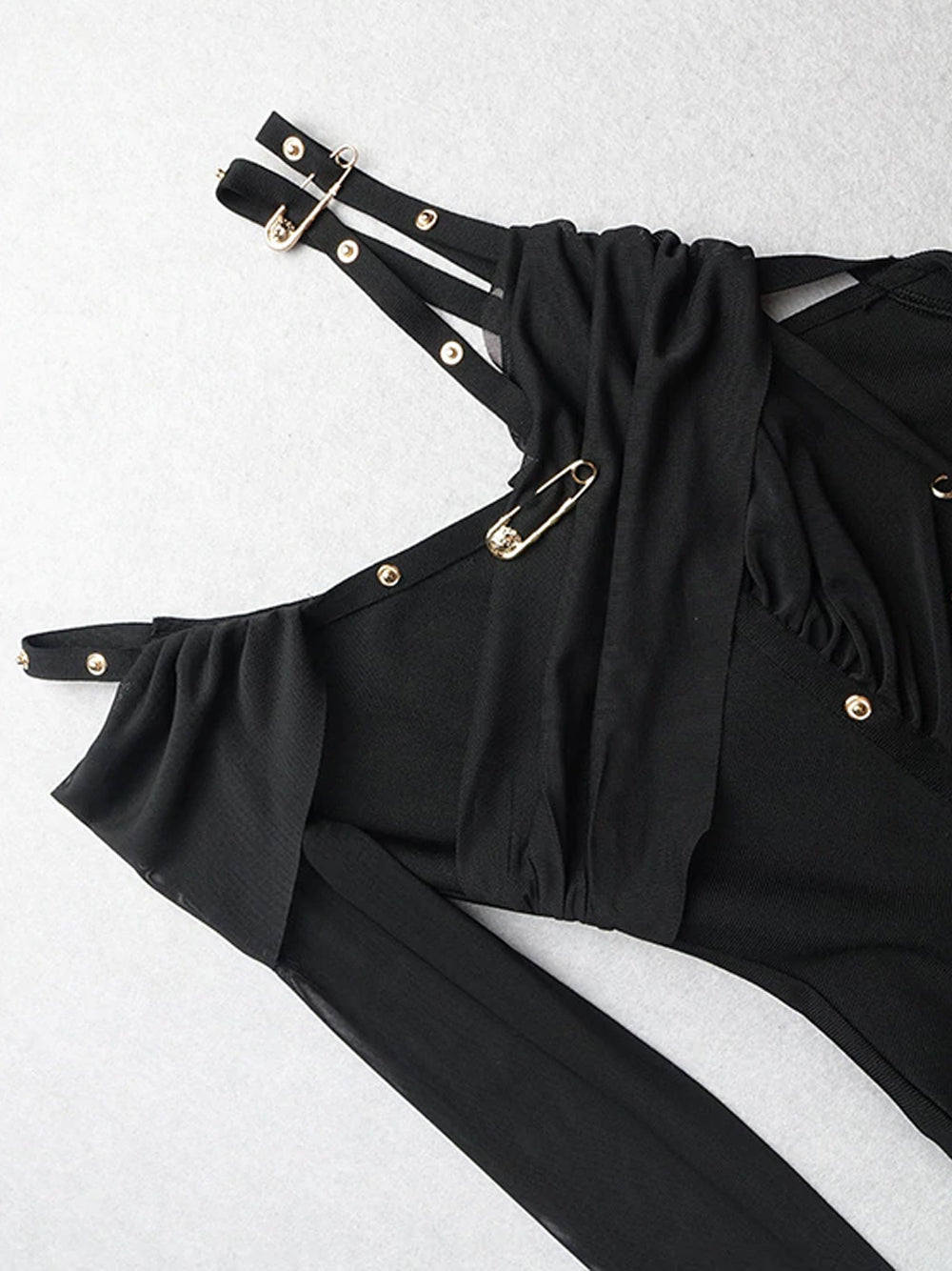 Black One Shoulder Long Sleeve Safety Pin High Slit Bodycon Midi Dress 15