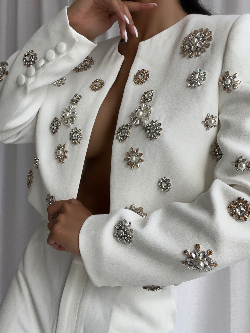 White Rhinestone Floral Embellished Cropped Jacket and Split Flared Pants Set