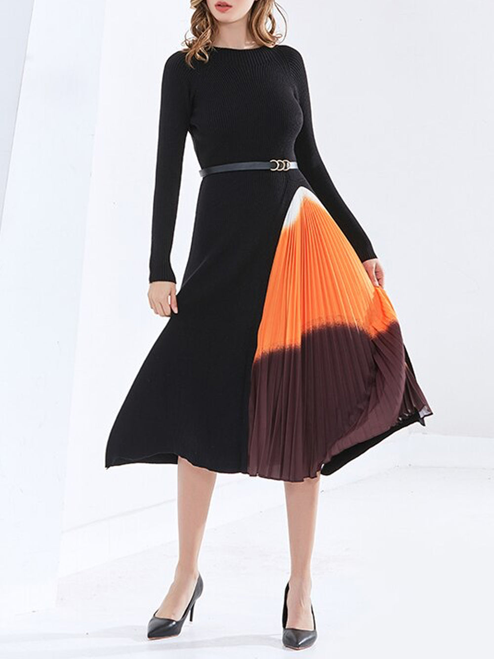 Black Round Neck Ribbed Knit Belted Pleated Panel Maxi Dress 8