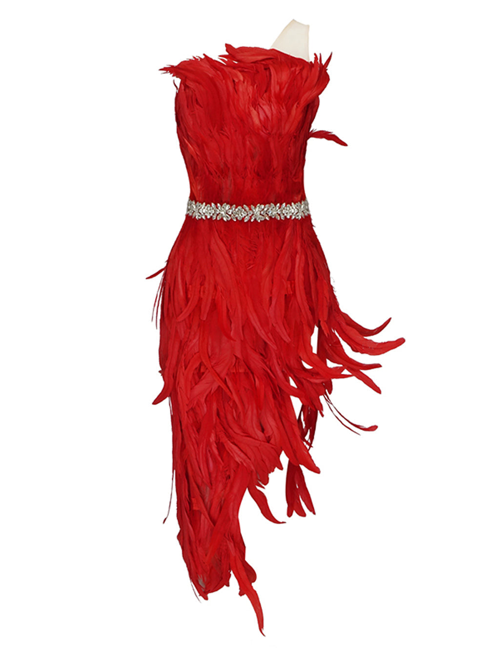 Red Strapless Feather Rhinestone Belt High Slit Bodycon Maxi Dress