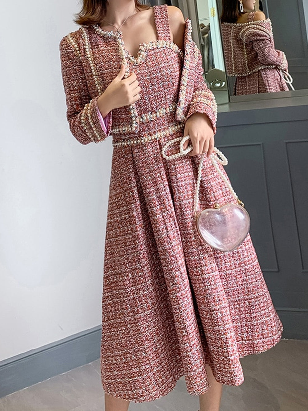Pink Pearl Trim Tweed Jacket Slip Dress Set