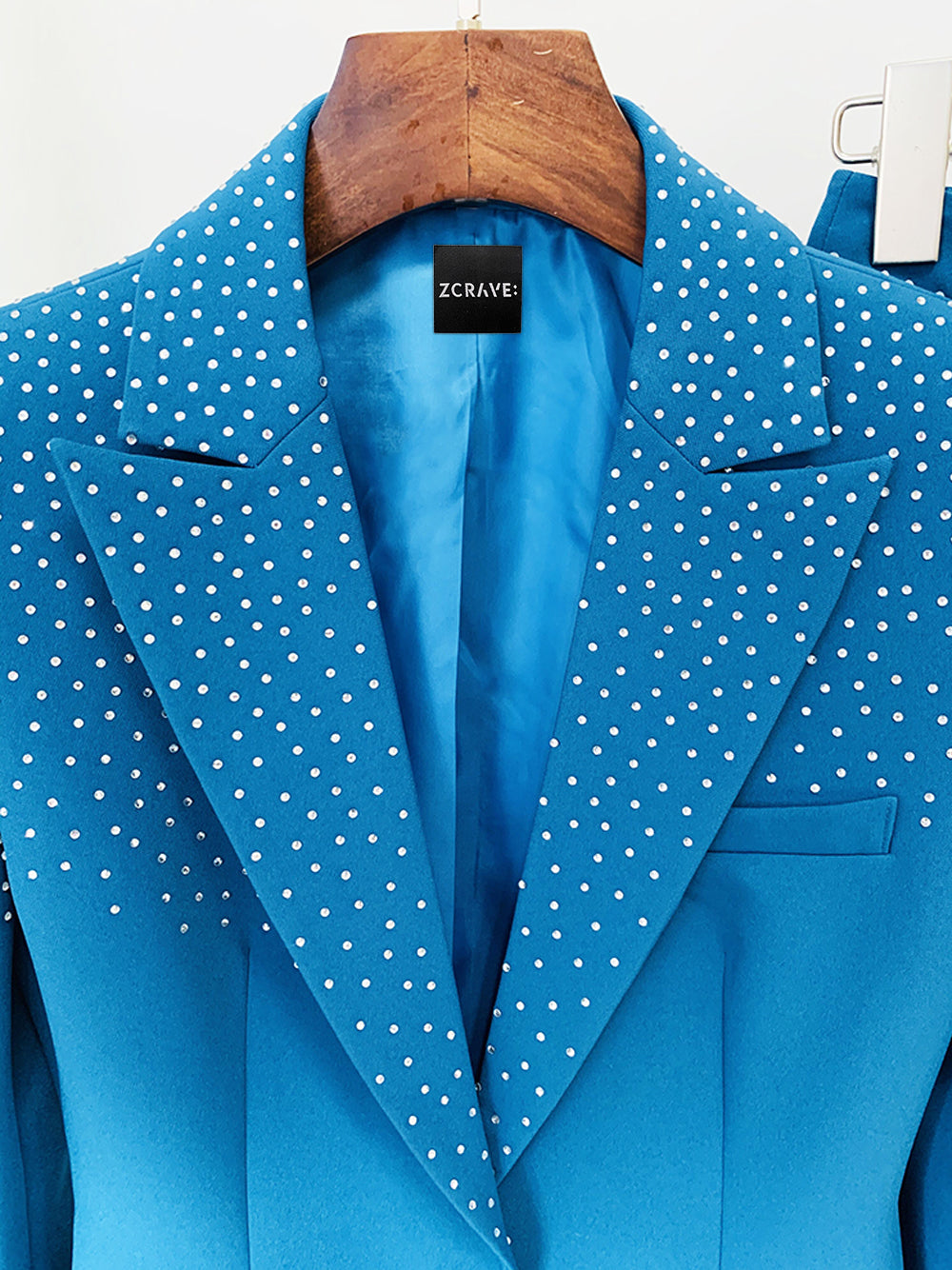Blue Peak Lapel Rhinestone Embellished Blazer Pants Set 17