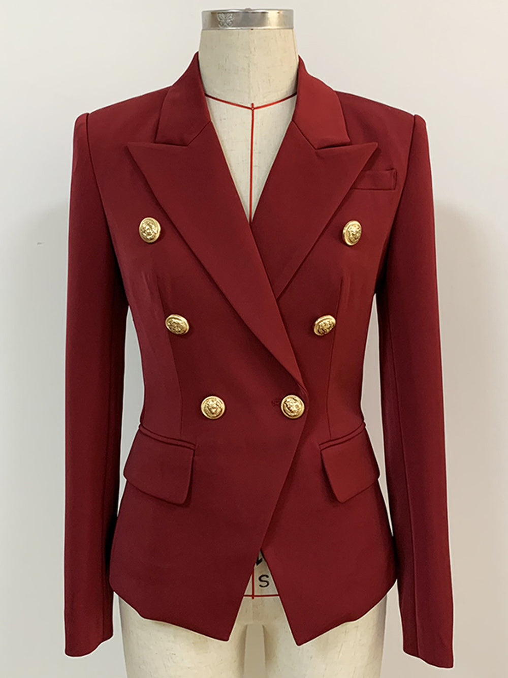 Burgundy Peak Lapel Double Breasted Gold Button Fitted Blazer