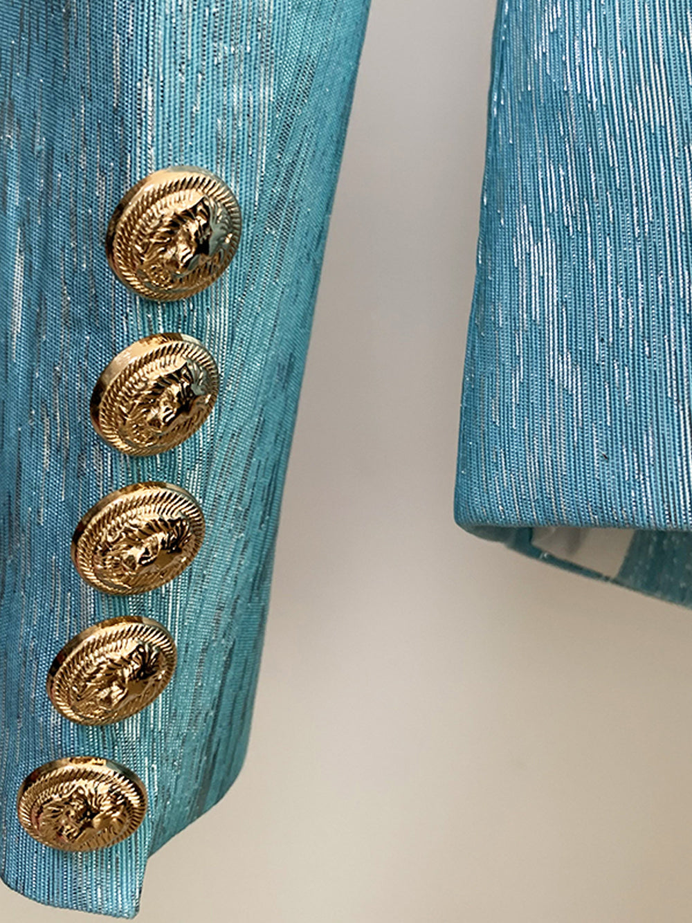 Turquoise Peak Lapel Double Breasted Gold Button Shimmer Blazer