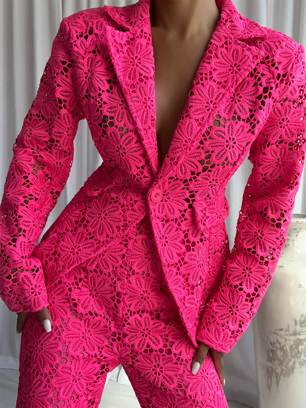Fuchsia Notch Lapel Floral Lace Blazer And Pants Set 4