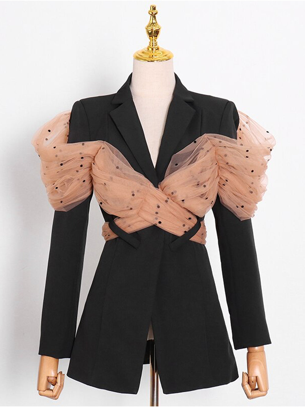 Black Notch Lapel Polka Dot Mesh Bow Wrap Blazer 16