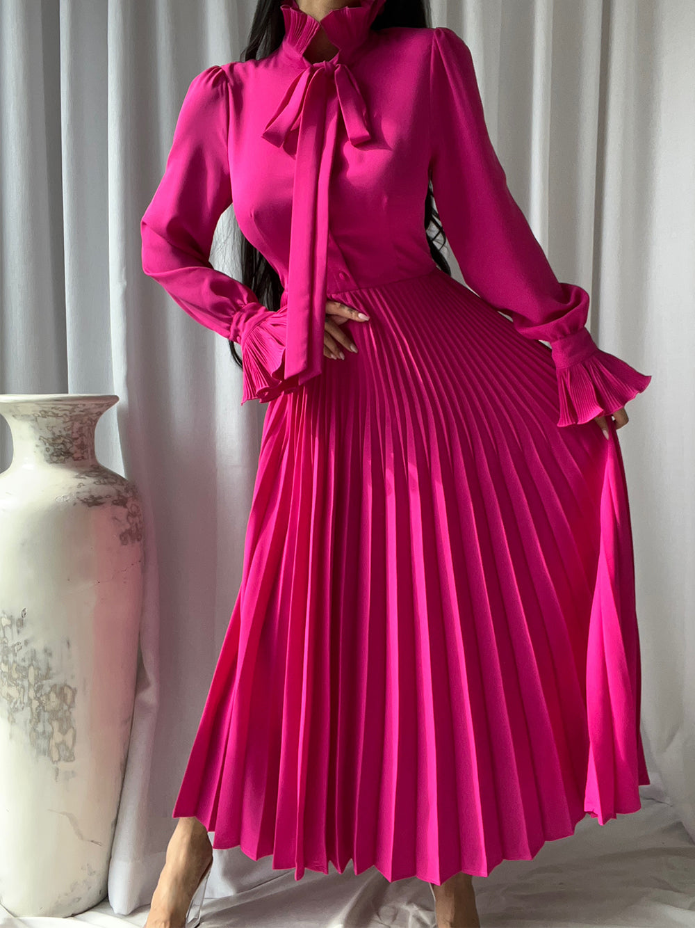 Fuchsia Tie Neck Bow Ruffle Sleeve Pleated A-Line Maxi Dress 2