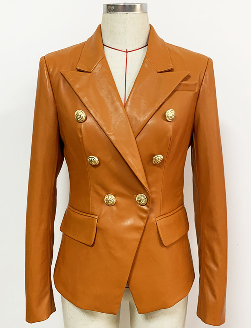 Brown Peak Lapel Double Breasted Gold Button Faux Leather Blazer