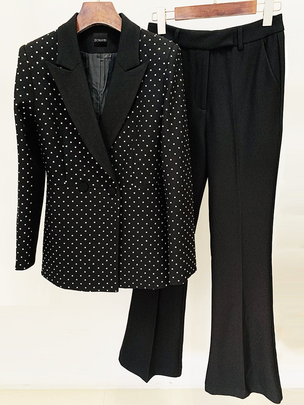 Black Rhinestone Studded Notch Lapel Blazer Flare Pants Set 6