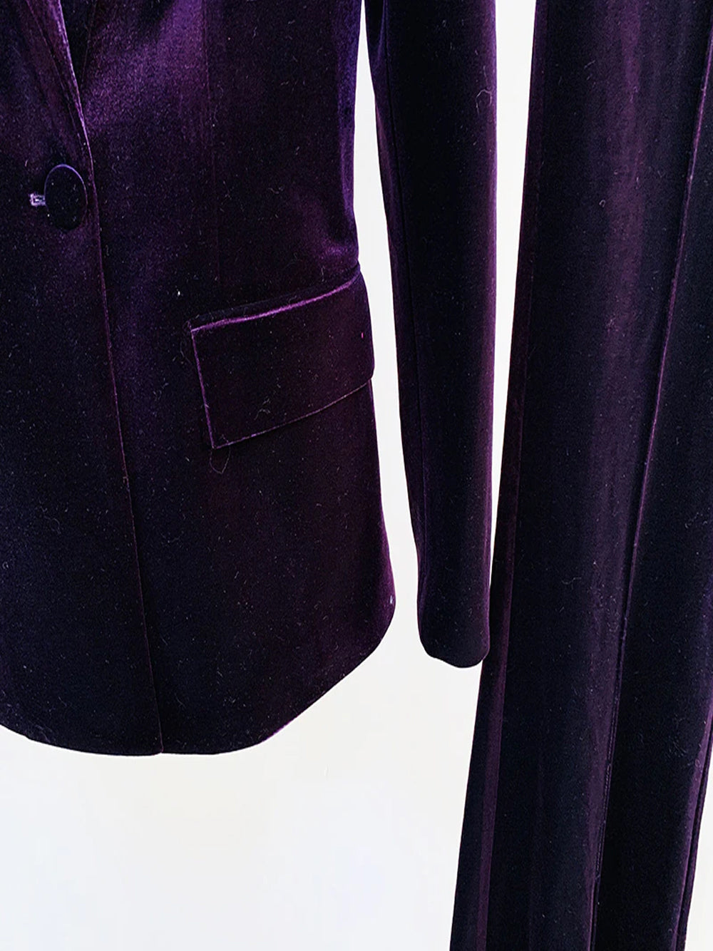 Purple Peak Lapel Plunge Velvet Blazer And Flared Pants Set 12