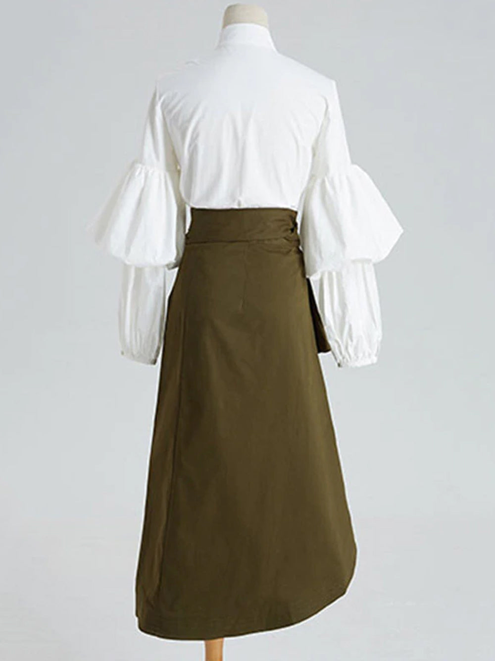 White Puff Sleeve Pintuck Shirt Dress And Wrap Skirt Set