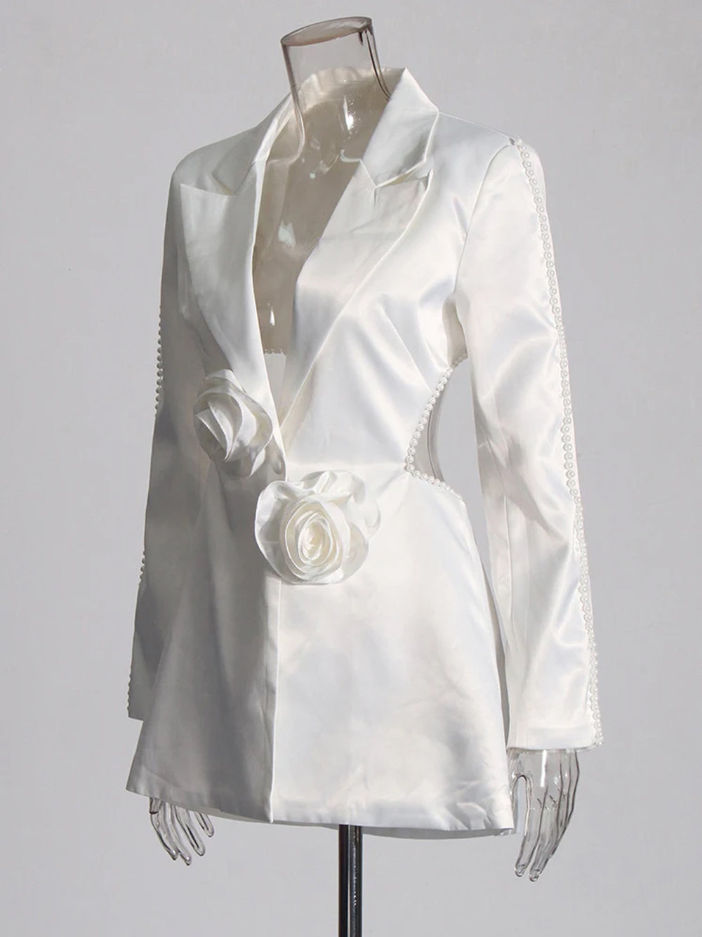 White Rosette Applique Satin Blazer and Pearl Beaded Pants Set