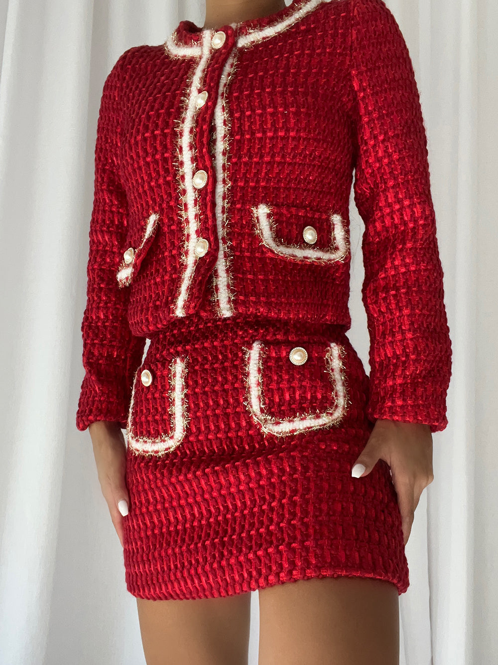 Red Pearl Button Contrast Trim Tweed Jacket and Mini Skirt Set 3