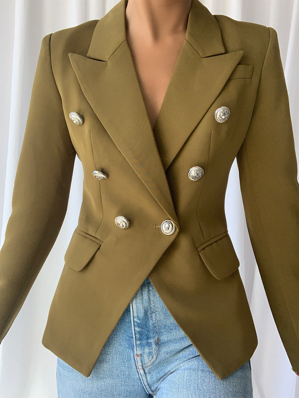 Green Peak Lapel Double Breasted Lion Button Fitted Blazer