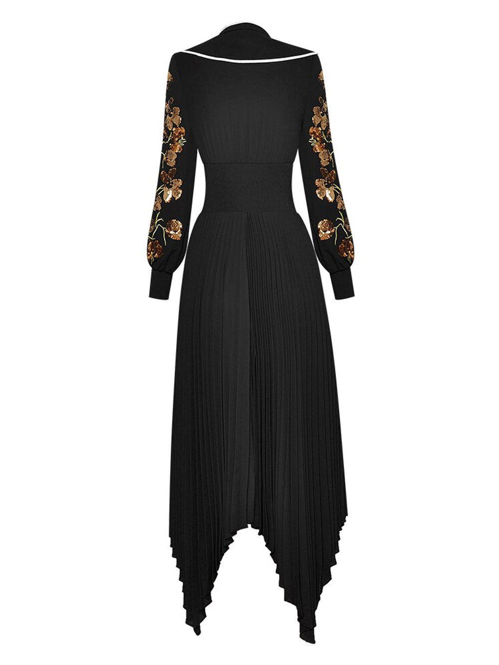 Black Tie Neck Floral Embroidered Sleeve Pleated Handkerchief Hem Maxi Dress 2