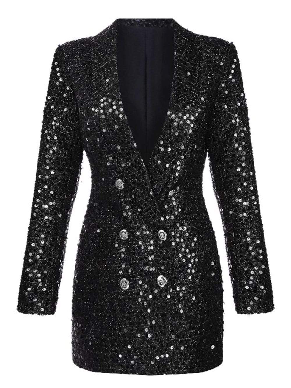 Black Shawl Lapel Sequin Double Breasted Blazer Mini Dress