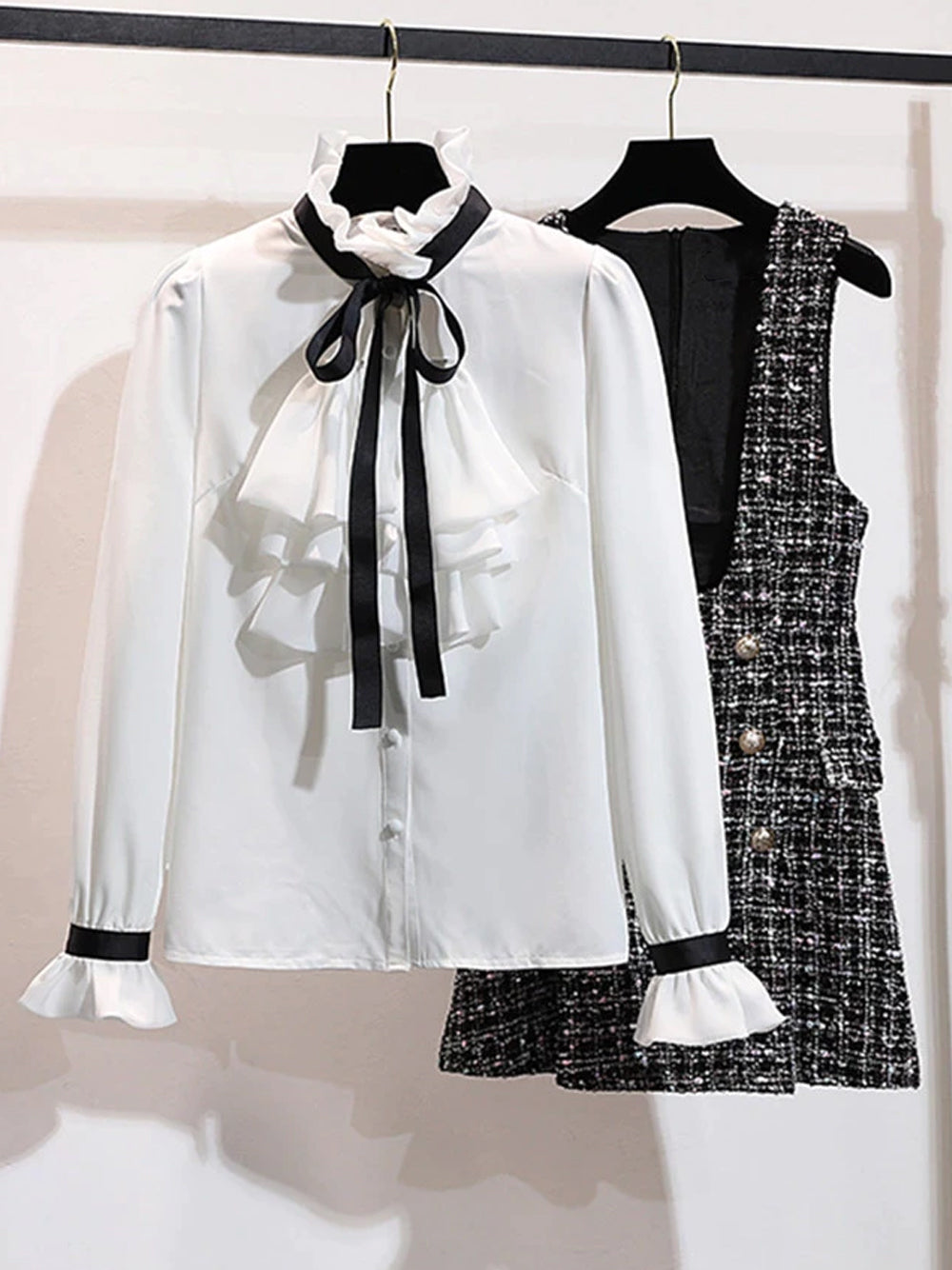 Gray Ruffle Bow Blouse and Tweed Pinafore Mini Dress Set
