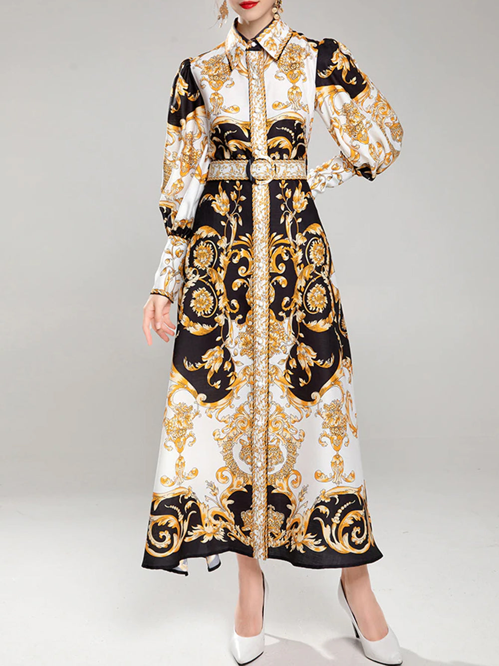 Gold Collared Baroque Print Long Sleeve High Slit Shirt Maxi Dress 7