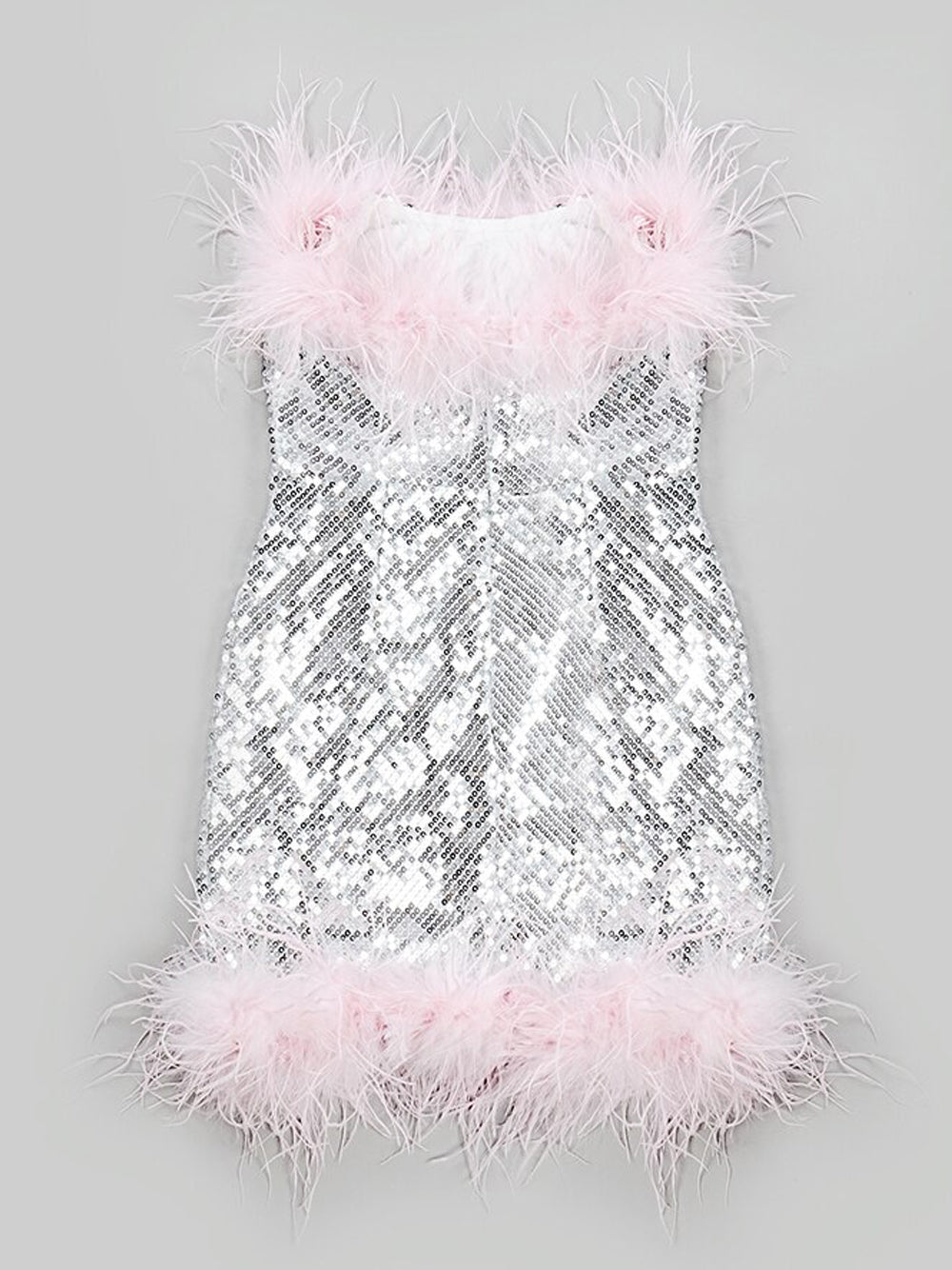 Silver Strapless Sequin Feather Trim Bodycon Mini Dress 7