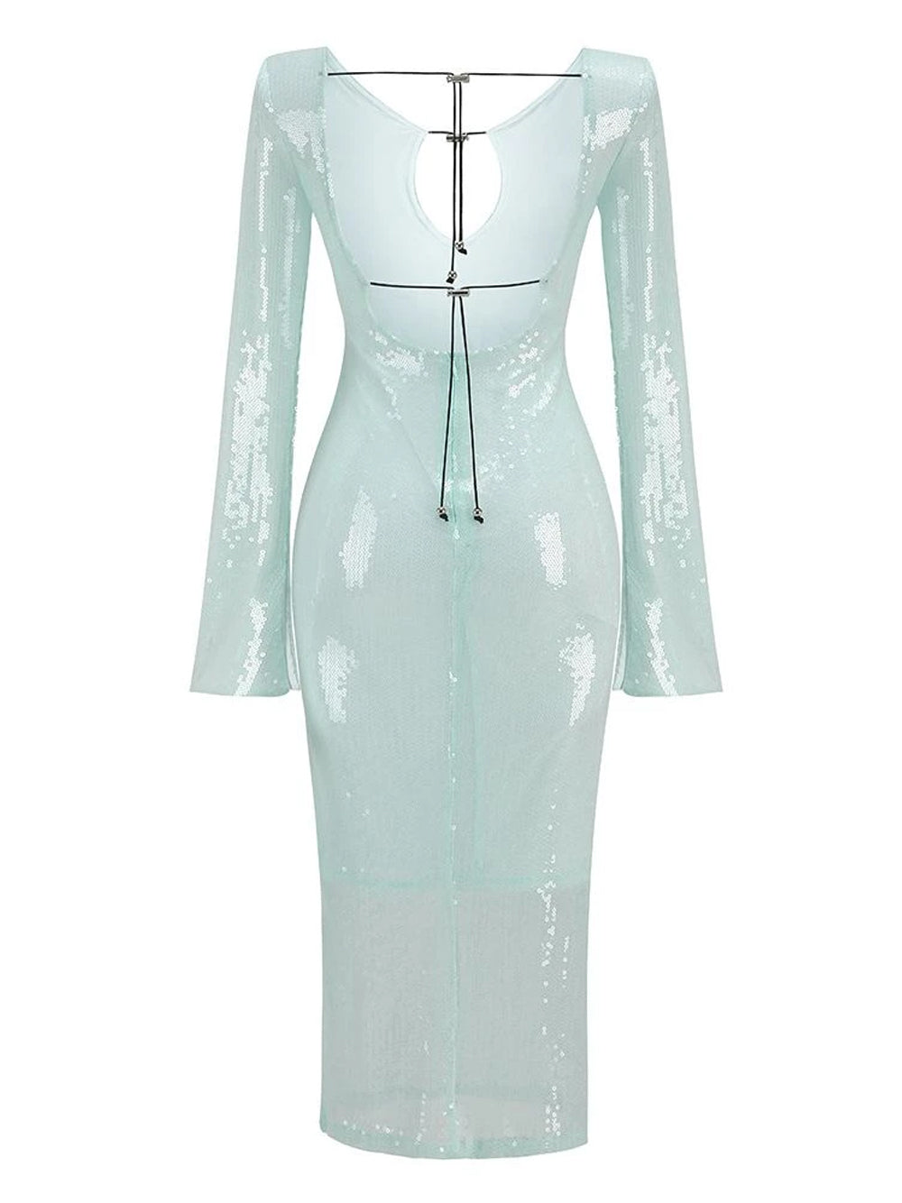 Light Mint Scoop Neck Sequin Ring Cutout Long Sleeve Bodycon Midi Dress 2