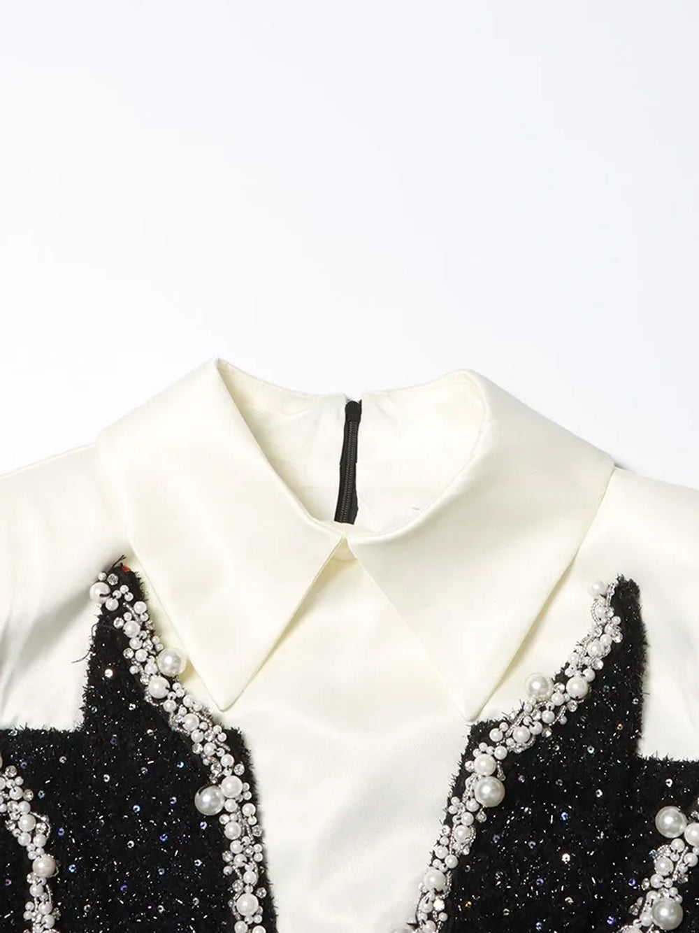 Black Collared Long Sleeve Pearl Trim Sequin Blazer Mini Dress 12