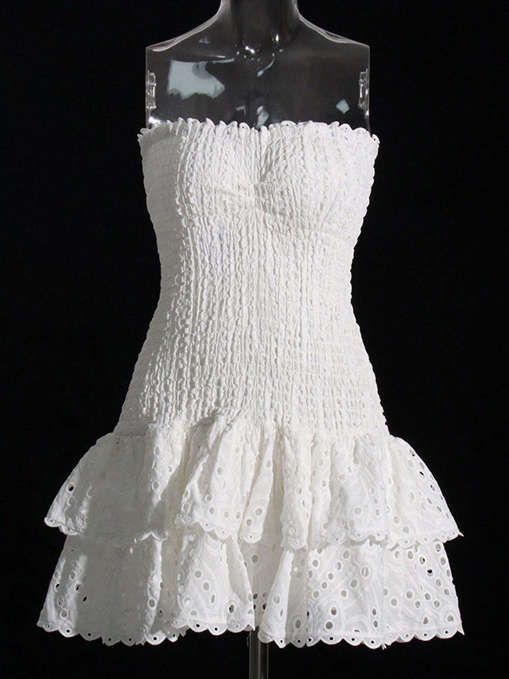 Strapless Shirred Bodice Eyelet Tiered Ruffle Bodycon Mini Dress 14