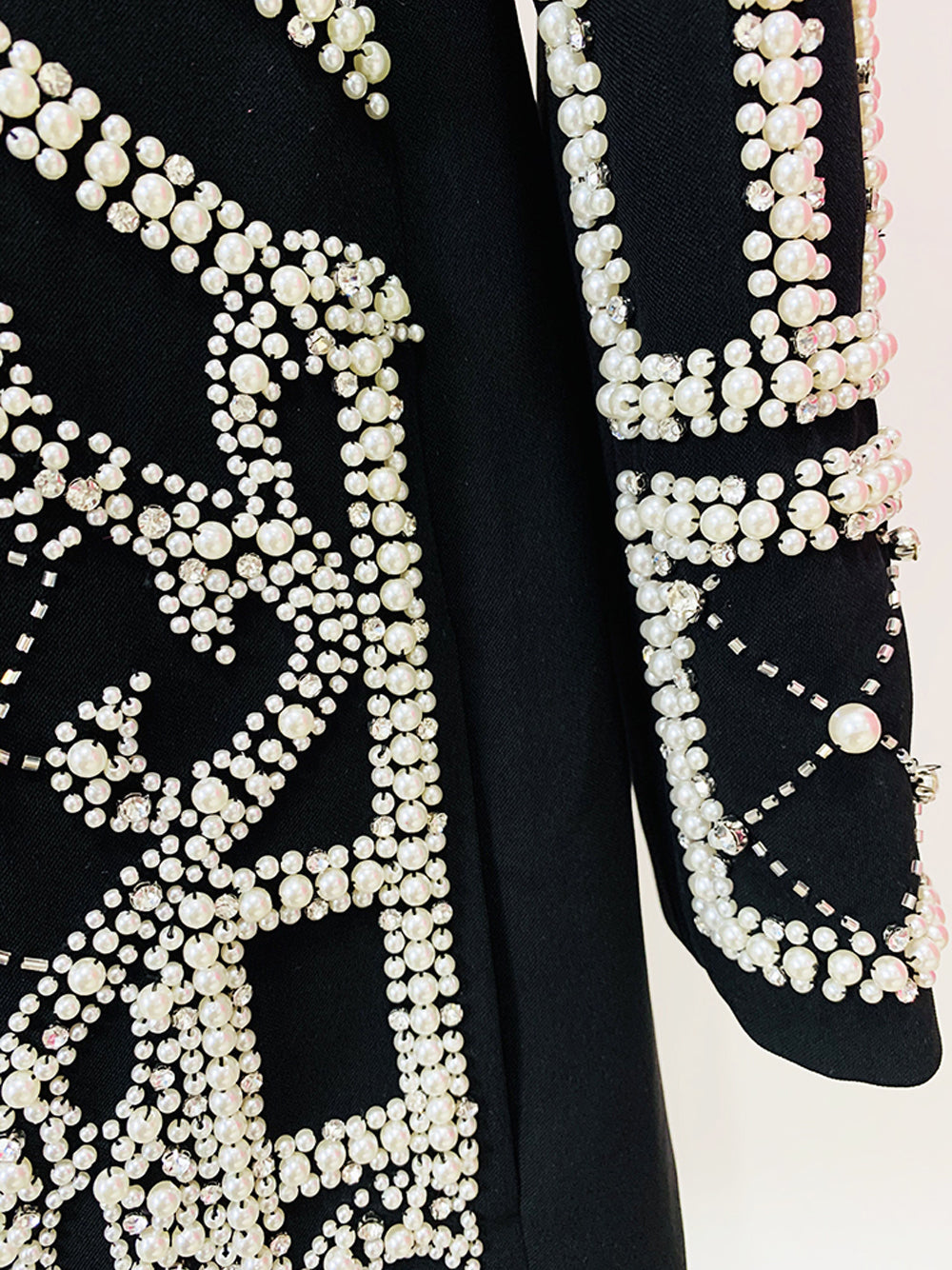 Black Shawl Lapel Pearl Beaded Rhinestone Long Sleeve Blazer Mini Dress