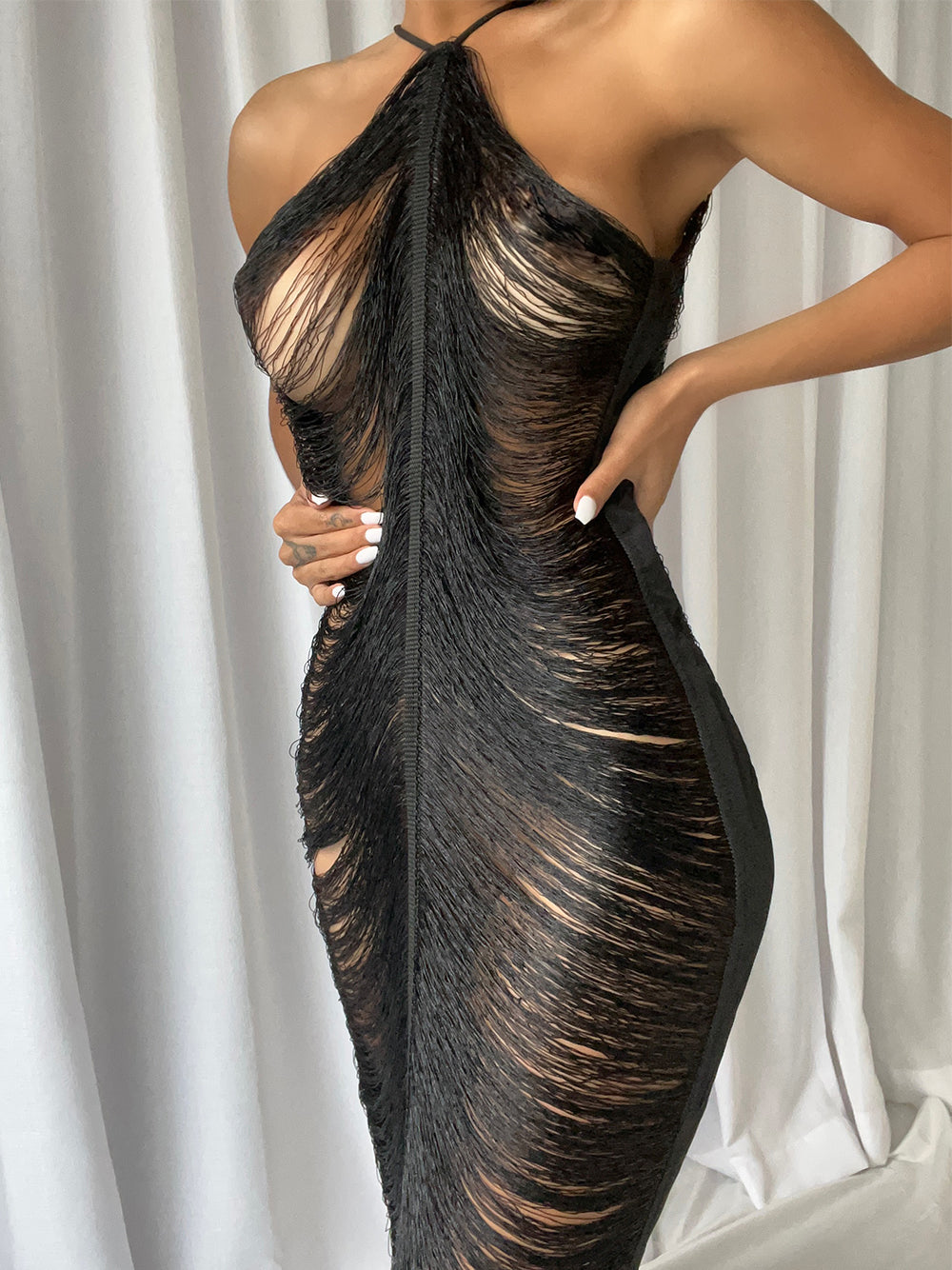 Halter Neck Distressed Fringe Tassel Bodycon Maxi Dress