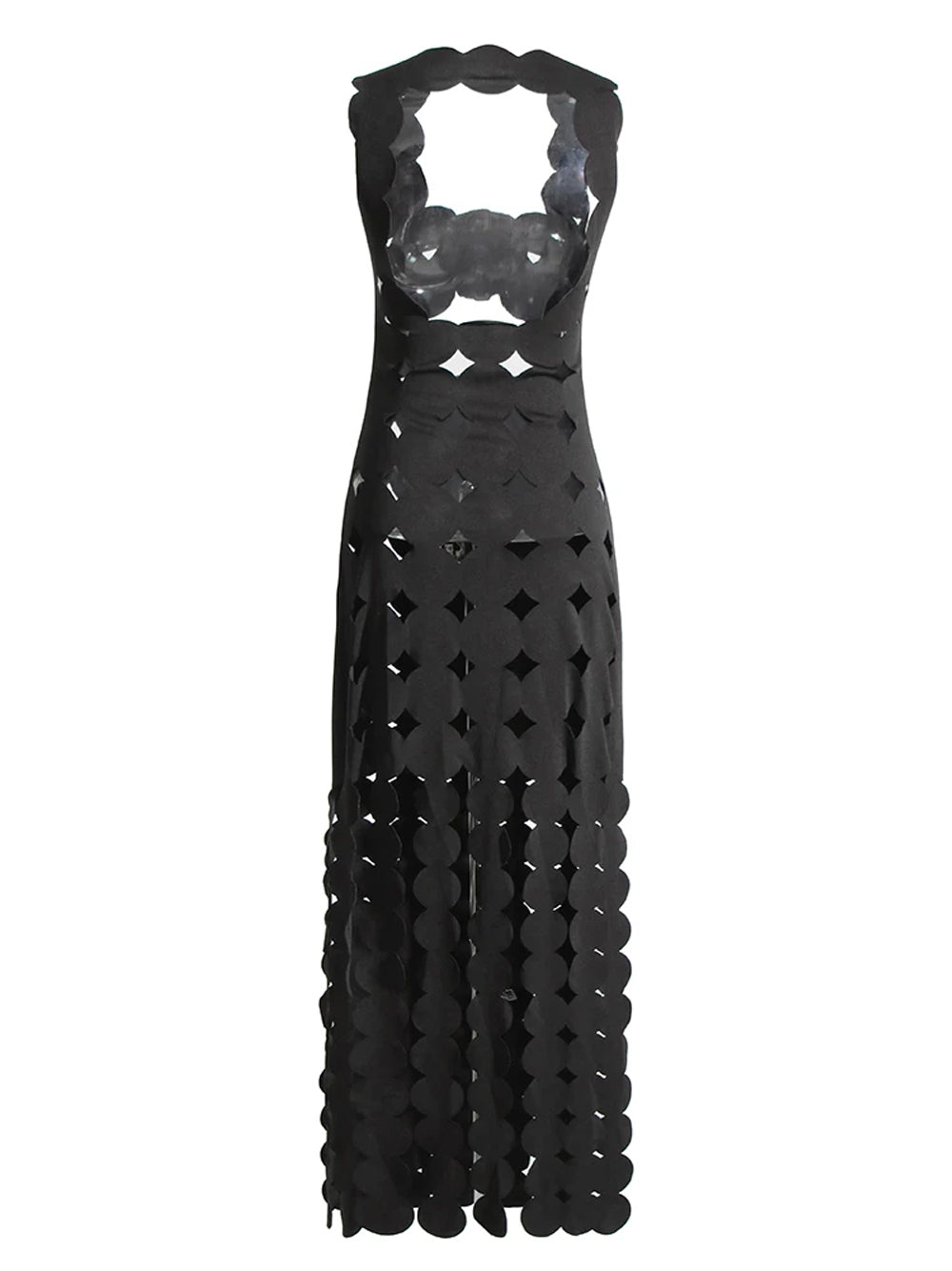 Black Square Neck Cutout Disc Fringe Hem Bodycon Maxi Dress 2