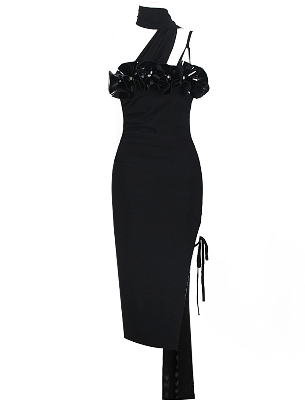 Black One Shoulder Floral Applique Beaded Ruched High Slit Bodycon Midi Dress