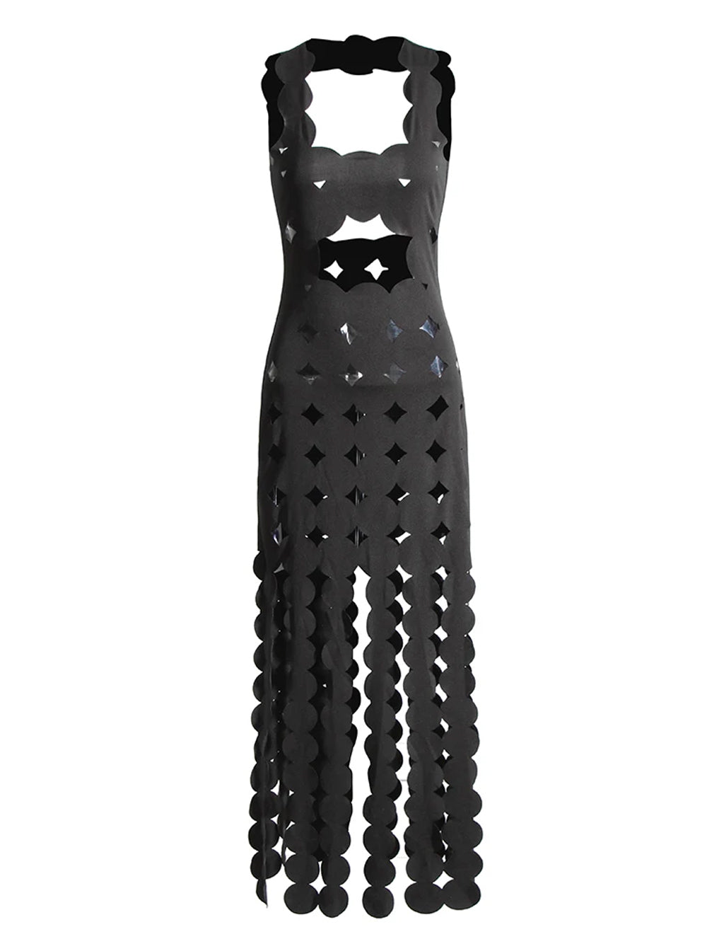 Black Square Neck Cutout Disc Fringe Hem Bodycon Maxi Dress