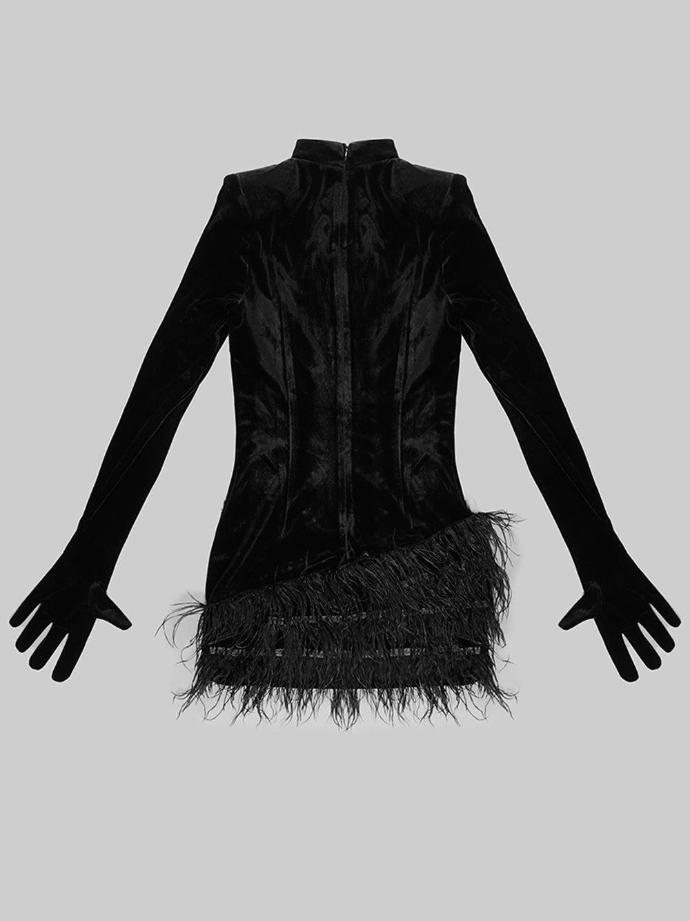 Black High Neck Long Sleeve Velvet Rhinestone Feather Hem Bodycon Mini Dress