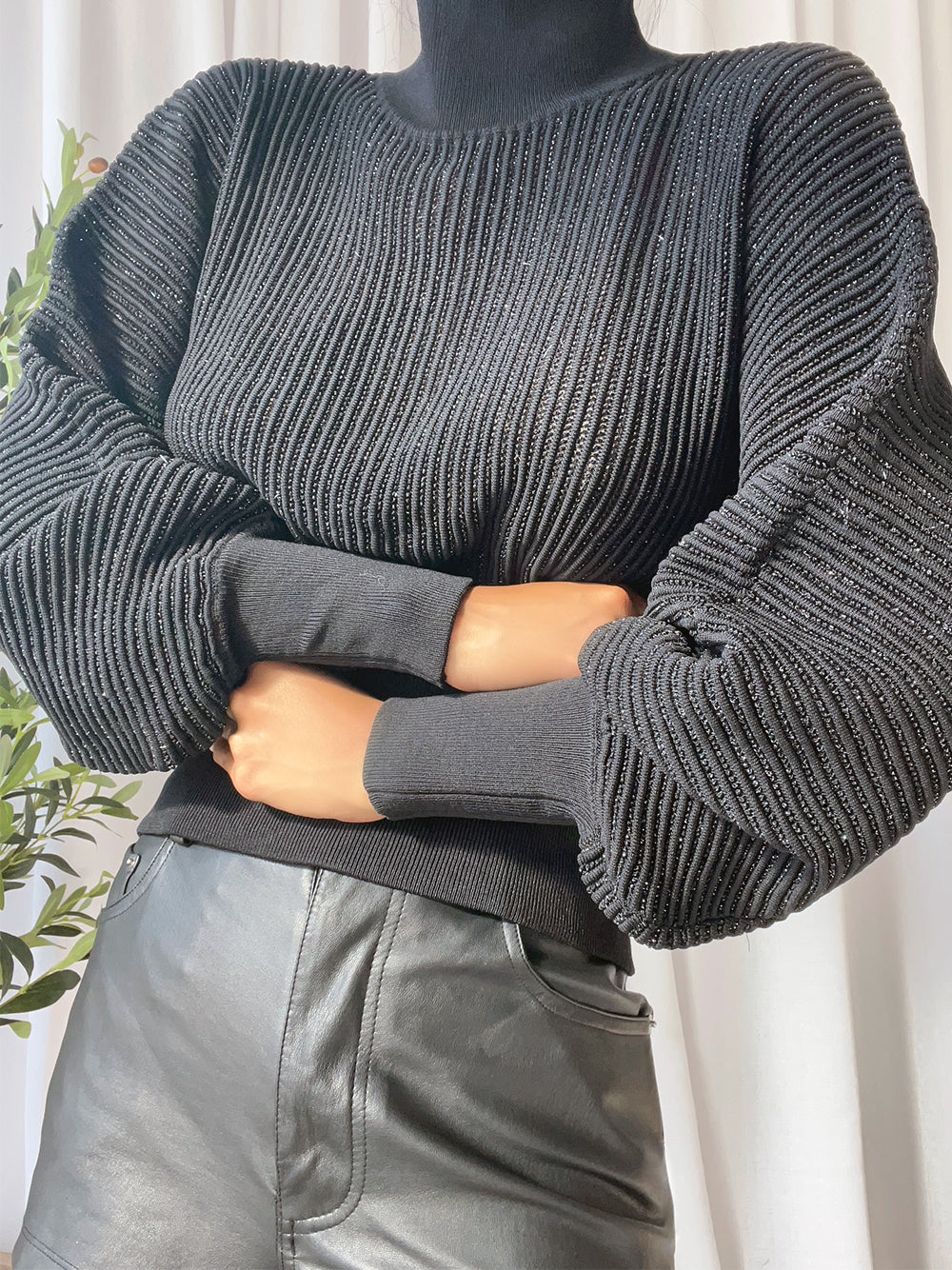 Black Turtleneck Metallic Ribbed-Knit Long Sleeve Sweater 4
