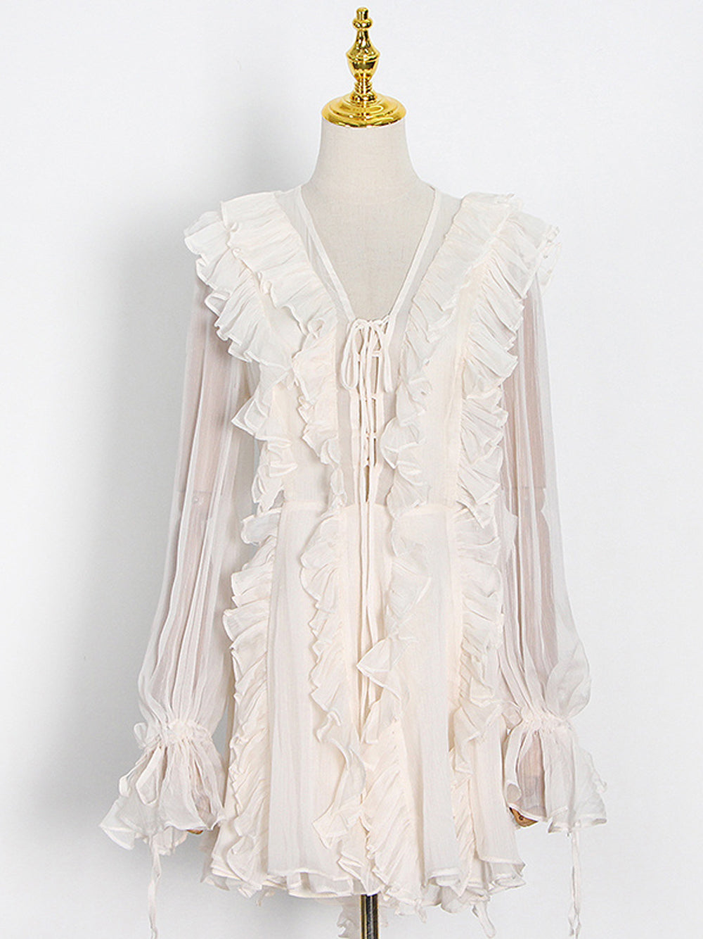 Beige V-Neck Tie Front Ruffle Tiered Sheer Chiffon Mini Dress