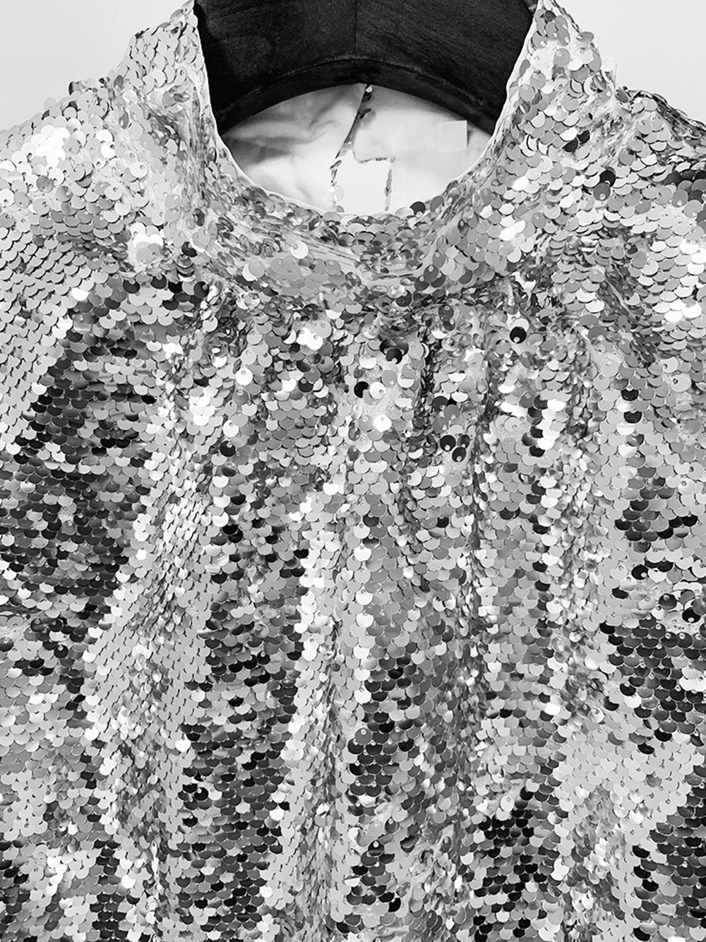 Silver High Neck Puff Sleeve Sequin Ruffle Hem A-Line Mini Dress