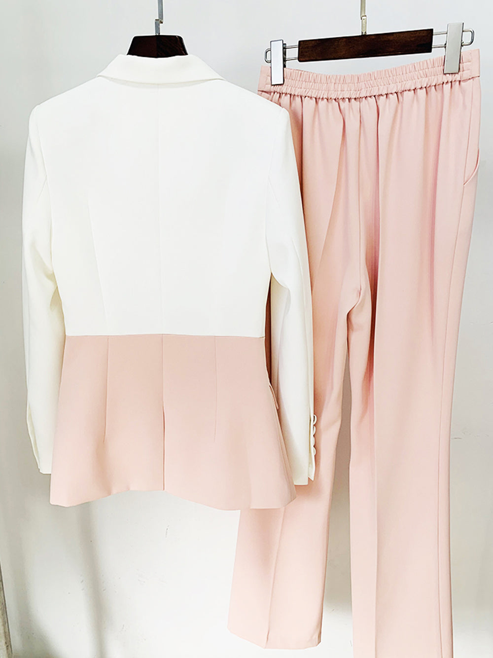 Pink Notch Lapel Color Block Blazer And High Waist Pants Set 3